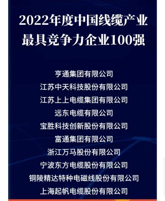 2022年度中國(guó)線纜產(chǎn)業(yè)最具競(jìng)爭(zhēng)力企業(yè)10強(qiáng)